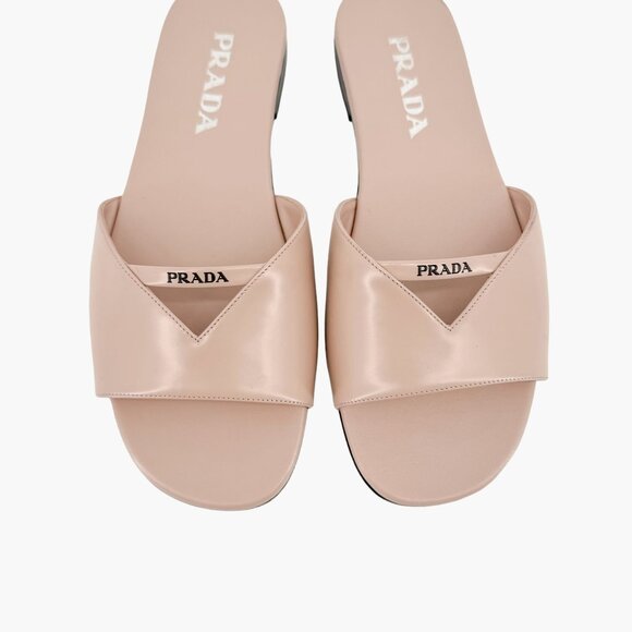 Prada Logo Cutout Flat Mule Sandals EU 37 US 7 Beige Tan Leather Slip On Slide - Picture 3 of 13